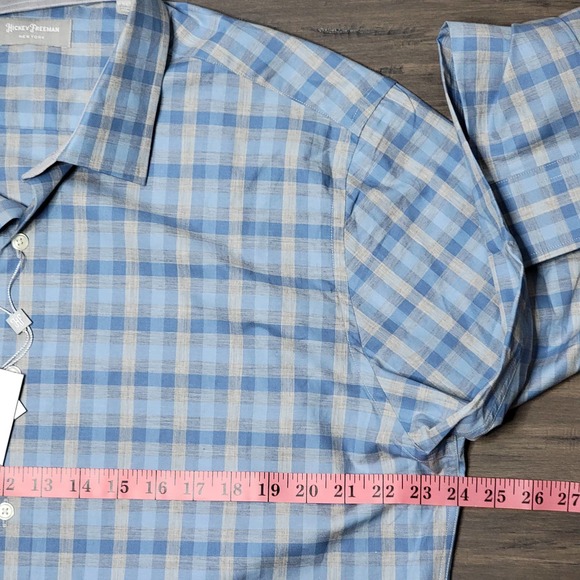 NWT Hickey Freeman Mens CRISP Blue Silver Plaid Long Sleeve Button Down Shirt XL - Picture 10 of 12